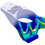 3D Illustration. Von mises stress plot and CAD model blend isometric view of a race car suspension upright with scale